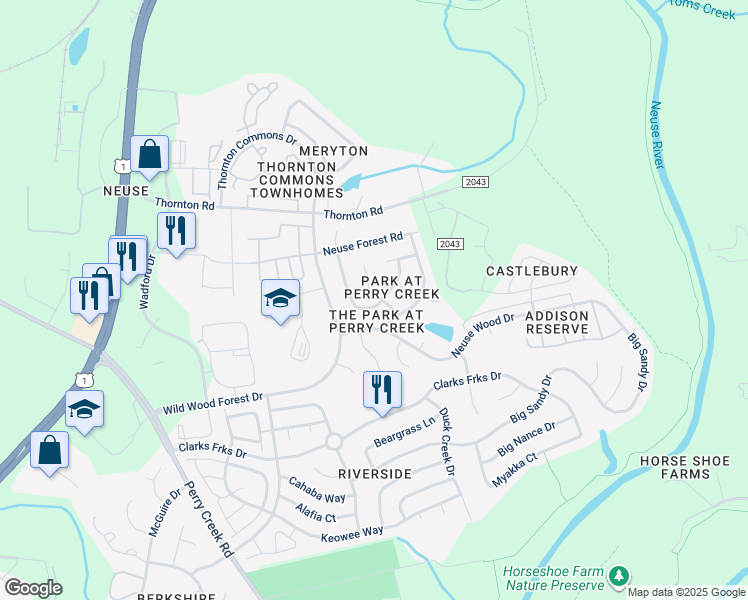 map of restaurants, bars, coffee shops, grocery stores, and more near 8400 Neuse Hunter Drive in Raleigh