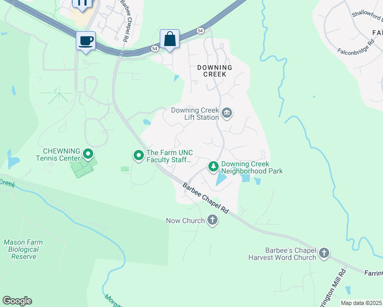 map of restaurants, bars, coffee shops, grocery stores, and more near 18 Winslow Place in Chapel Hill
