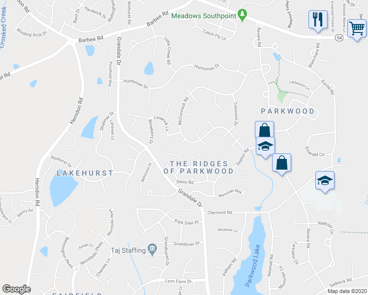 map of restaurants, bars, coffee shops, grocery stores, and more near 5 Fentress Court in Durham