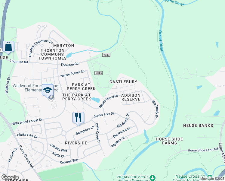 map of restaurants, bars, coffee shops, grocery stores, and more near 5914 Brambleberry Way in Raleigh