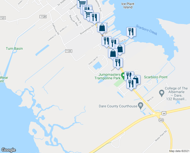 map of restaurants, bars, coffee shops, grocery stores, and more near 669 Vista Lake Drive in Manteo