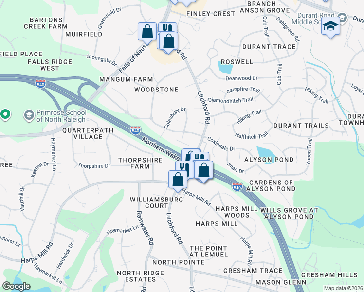 map of restaurants, bars, coffee shops, grocery stores, and more near 2216 Effingham Circle in Raleigh