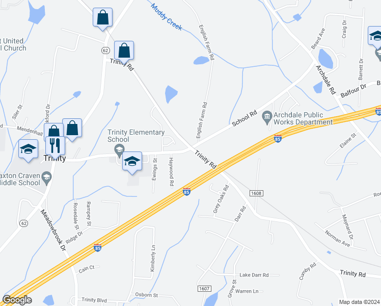 map of restaurants, bars, coffee shops, grocery stores, and more near 12747 Trinity Road in Trinity