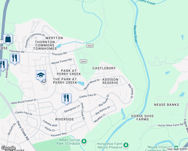 map of restaurants, bars, coffee shops, grocery stores, and more near 5910 Brambleberry Way in Raleigh