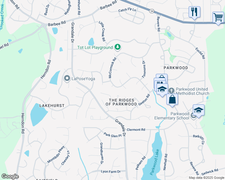 map of restaurants, bars, coffee shops, grocery stores, and more near 5 Fentress Court in Durham