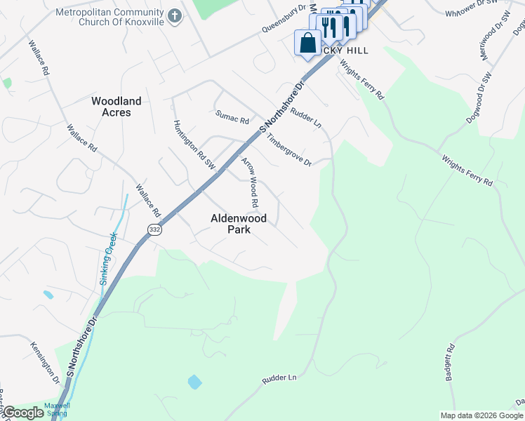 map of restaurants, bars, coffee shops, grocery stores, and more near 1605 Arbor Vitea Drive in Knoxville