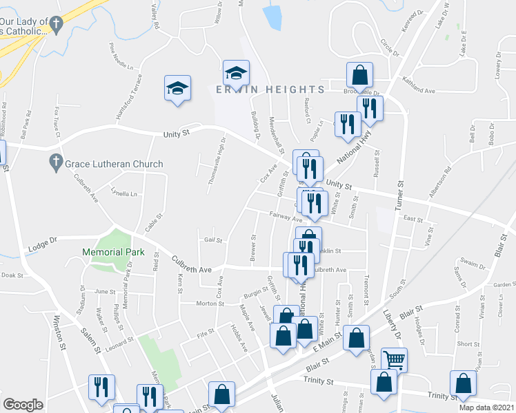 map of restaurants, bars, coffee shops, grocery stores, and more near 500 Fairway Avenue in Thomasville