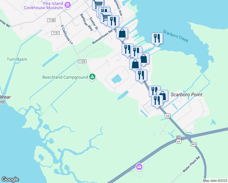 map of restaurants, bars, coffee shops, grocery stores, and more near 669 Vista Lake Drive in Manteo