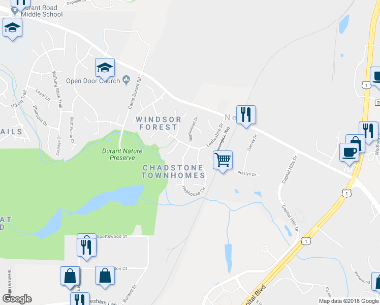 map of restaurants, bars, coffee shops, grocery stores, and more near 8636 Hobhouse Circle in Raleigh
