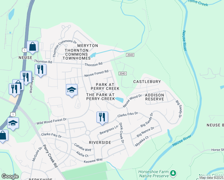 map of restaurants, bars, coffee shops, grocery stores, and more near 8621 Neuse Town Drive in Raleigh