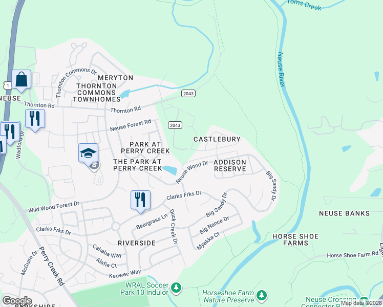 map of restaurants, bars, coffee shops, grocery stores, and more near 5910 Brambleberry Way in Raleigh