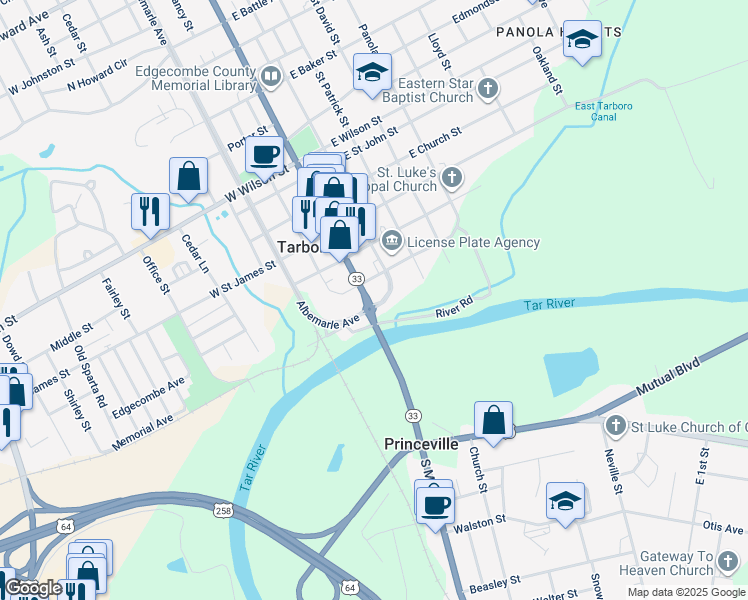 map of restaurants, bars, coffee shops, grocery stores, and more near 101 North Main Street in Tarboro