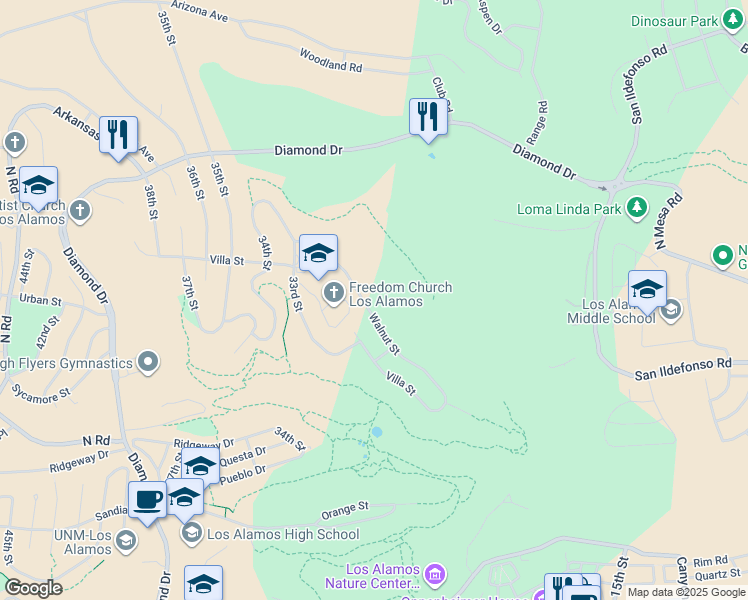 map of restaurants, bars, coffee shops, grocery stores, and more near 3242 Walnut Street in Los Alamos