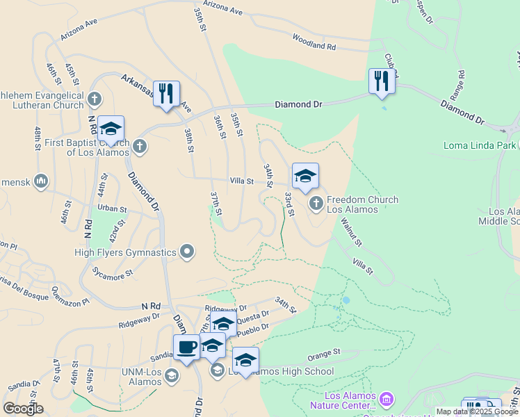 map of restaurants, bars, coffee shops, grocery stores, and more near 2145a 34th Street in Los Alamos