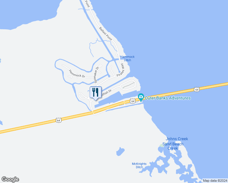 map of restaurants, bars, coffee shops, grocery stores, and more near 4302 Sailfish Drive in Manteo