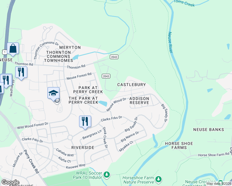 map of restaurants, bars, coffee shops, grocery stores, and more near 5910 Brambleberry Way in Raleigh
