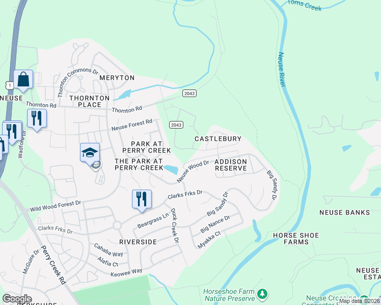 map of restaurants, bars, coffee shops, grocery stores, and more near 5910 Brambleberry Way in Raleigh