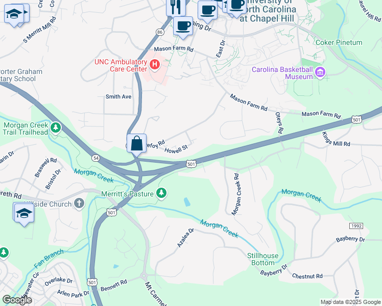 map of restaurants, bars, coffee shops, grocery stores, and more near 201 Howell Street in Chapel Hill