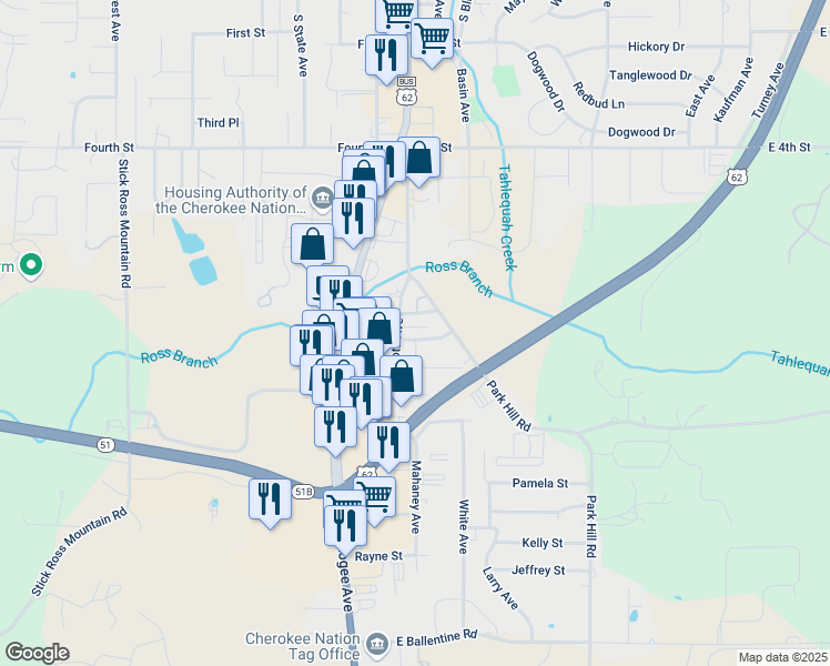 map of restaurants, bars, coffee shops, grocery stores, and more near 200 Monroe Street in Tahlequah