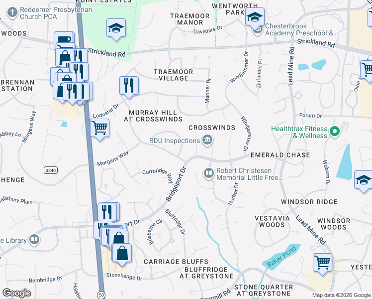 map of restaurants, bars, coffee shops, grocery stores, and more near 1908 Wilton Circle in Raleigh