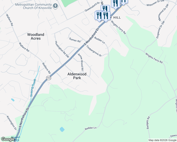 map of restaurants, bars, coffee shops, grocery stores, and more near 1605 Arbor Vitea Drive in Knoxville