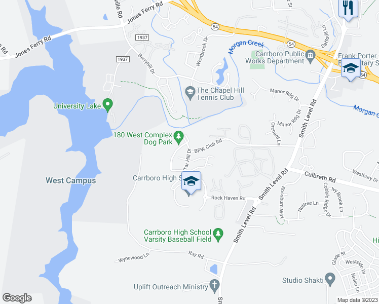 map of restaurants, bars, coffee shops, grocery stores, and more near 215 Bpw Club Road in Carrboro