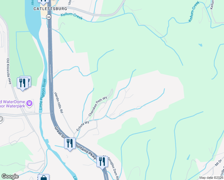 map of restaurants, bars, coffee shops, grocery stores, and more near 281 Cherokee Path Way in Sevierville