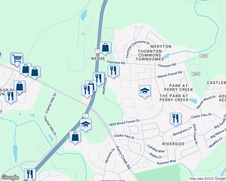 map of restaurants, bars, coffee shops, grocery stores, and more near 8620 Wadford Drive in Raleigh