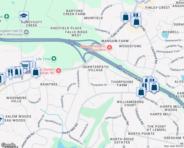 map of restaurants, bars, coffee shops, grocery stores, and more near 8709 Chatterleigh Circle in Raleigh