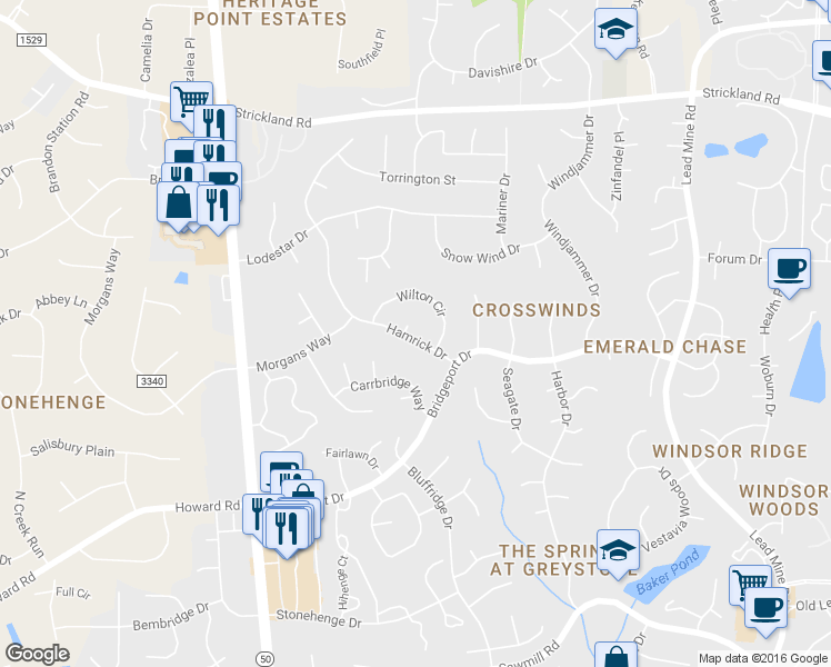 map of restaurants, bars, coffee shops, grocery stores, and more near 8109 Winstone Court in Raleigh