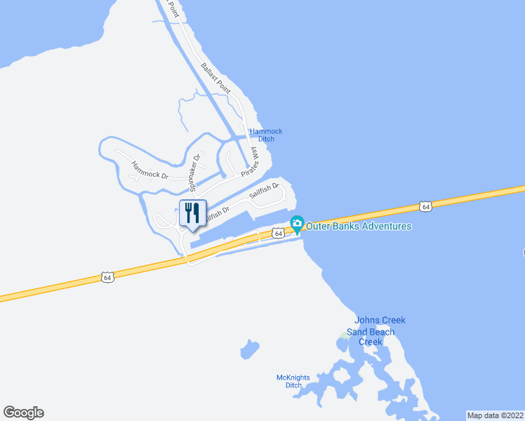 map of restaurants, bars, coffee shops, grocery stores, and more near 501 Sailfish Drive in Manteo