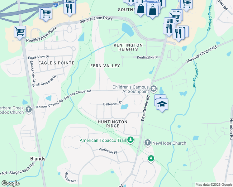 map of restaurants, bars, coffee shops, grocery stores, and more near 7821 Massey Chapel Road in Durham