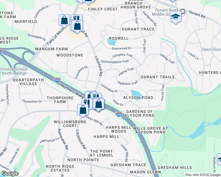 map of restaurants, bars, coffee shops, grocery stores, and more near 8524 Averell Court in Raleigh