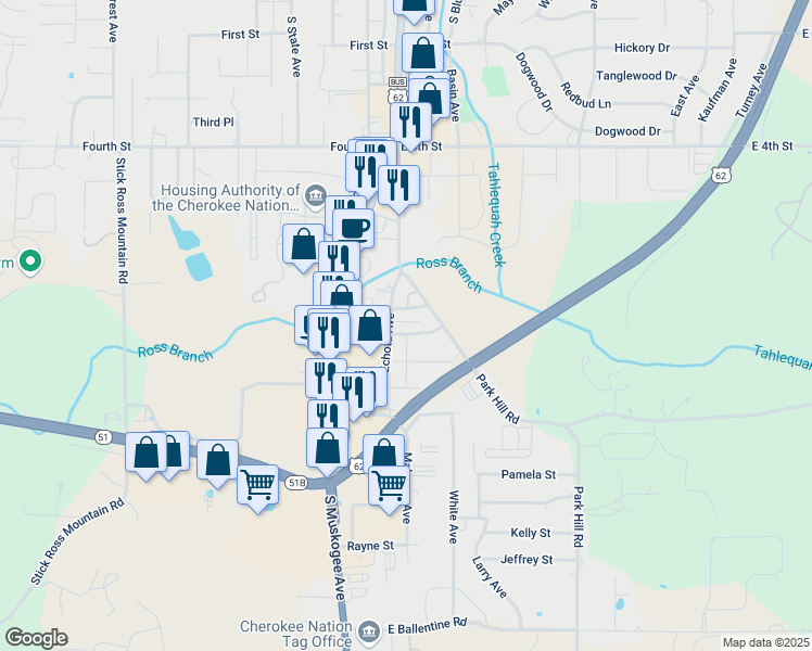 map of restaurants, bars, coffee shops, grocery stores, and more near 200 Monroe Street in Tahlequah