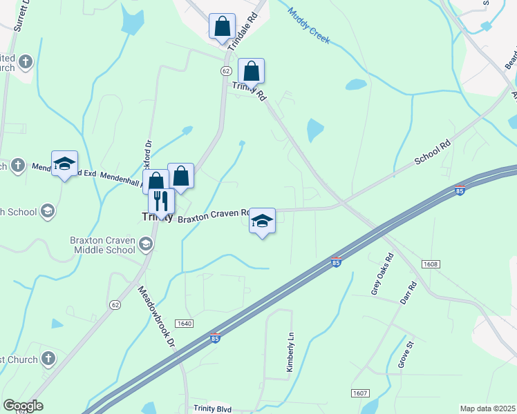 map of restaurants, bars, coffee shops, grocery stores, and more near 5464 Braxton Craven Road in Trinity