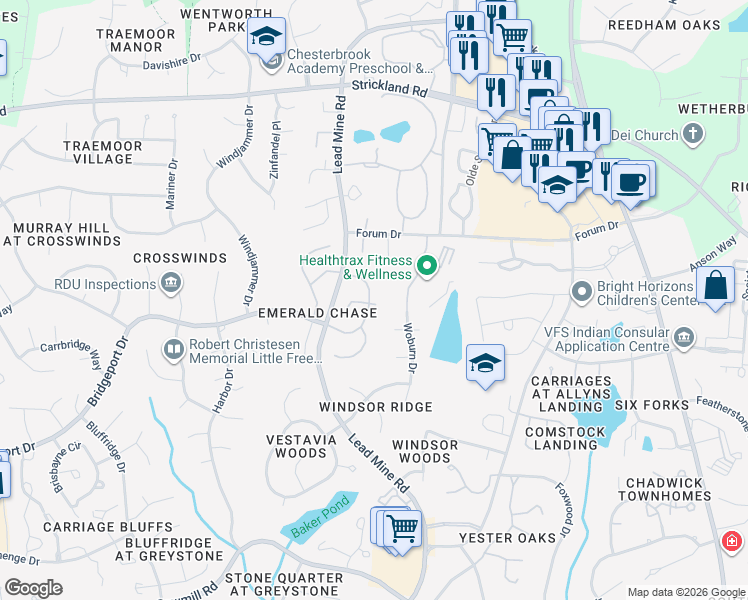 map of restaurants, bars, coffee shops, grocery stores, and more near 1337 Bridgeport Drive in Raleigh
