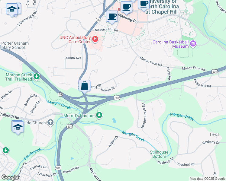 map of restaurants, bars, coffee shops, grocery stores, and more near 221 Howell Street in Chapel Hill