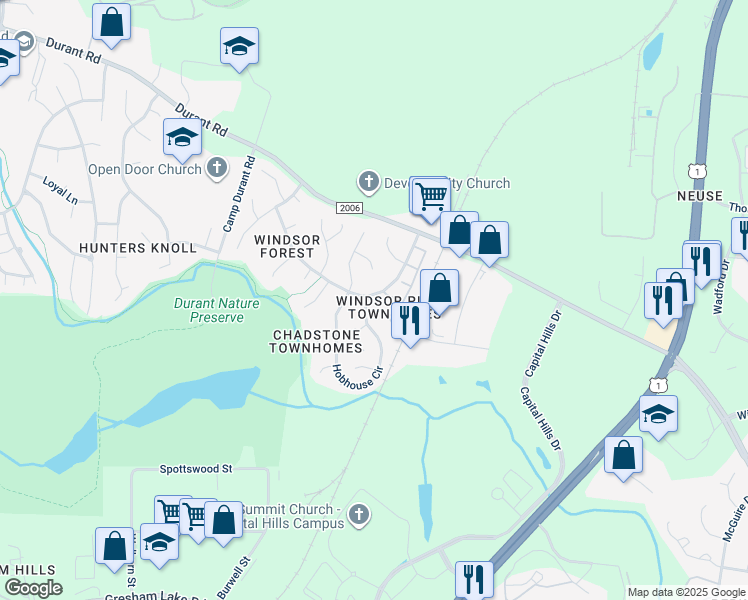 map of restaurants, bars, coffee shops, grocery stores, and more near 8201 Hobhouse Circle in Raleigh