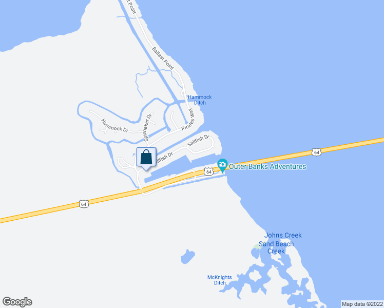 map of restaurants, bars, coffee shops, grocery stores, and more near 501 Sailfish Drive in Manteo