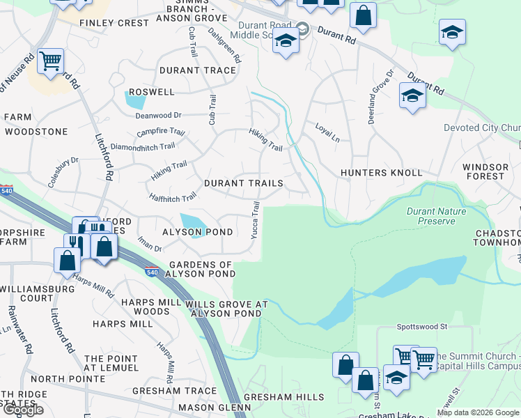 map of restaurants, bars, coffee shops, grocery stores, and more near 8536 Yucca Trail in Raleigh