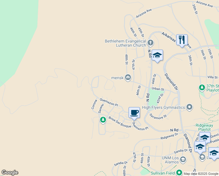 map of restaurants, bars, coffee shops, grocery stores, and more near 5610 Quemazon Place in Los Alamos