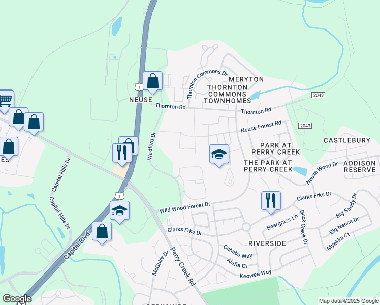 map of restaurants, bars, coffee shops, grocery stores, and more near 8710 Wadford Drive in Raleigh