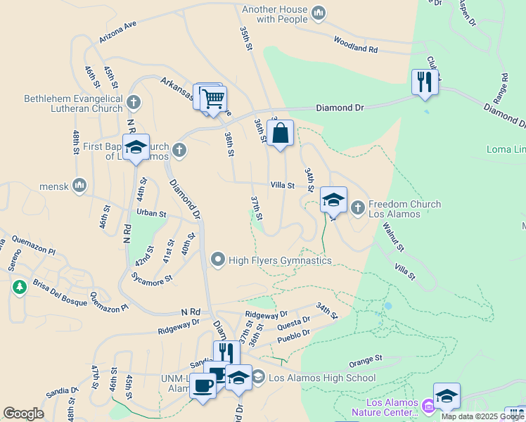 map of restaurants, bars, coffee shops, grocery stores, and more near 9999 37th Street in Los Alamos