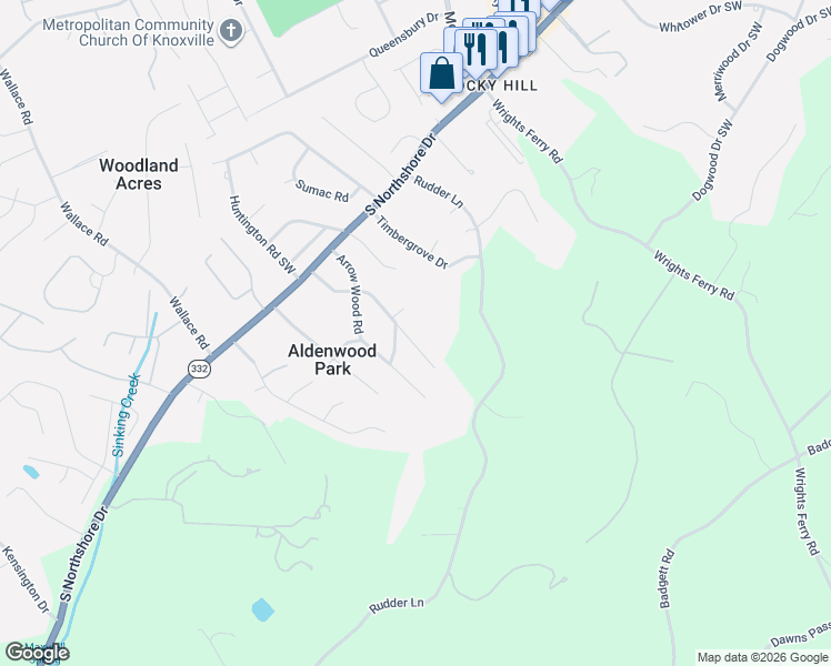 map of restaurants, bars, coffee shops, grocery stores, and more near 1612 Buckeye Road in Knoxville