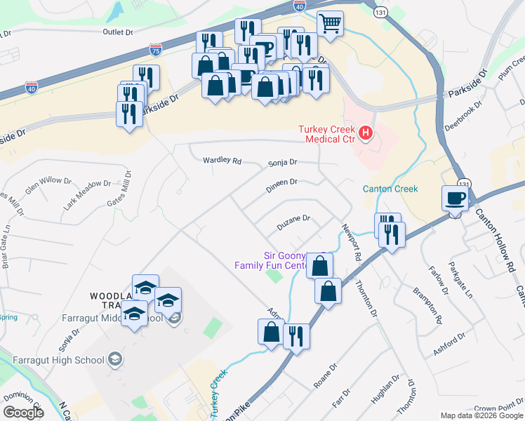 map of restaurants, bars, coffee shops, grocery stores, and more near 10924 Dineen Drive in Knoxville