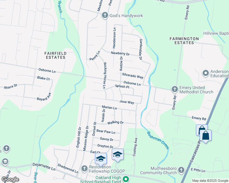 map of restaurants, bars, coffee shops, grocery stores, and more near 2615 Ritz Lane in Murfreesboro
