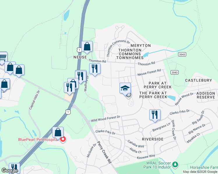 map of restaurants, bars, coffee shops, grocery stores, and more near 8710 Wadford Drive in Raleigh