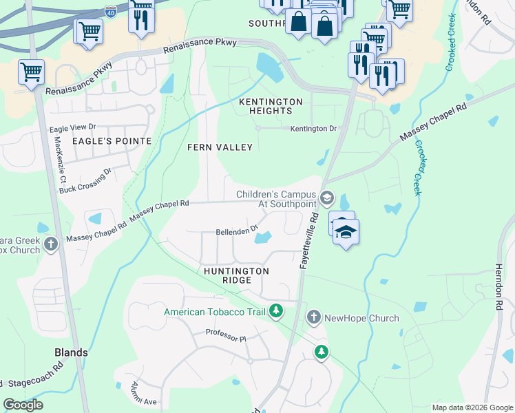 map of restaurants, bars, coffee shops, grocery stores, and more near 7821 Massey Chapel Road in Durham