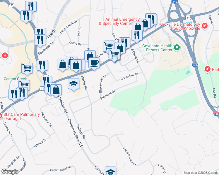 map of restaurants, bars, coffee shops, grocery stores, and more near 10512 Grovedale Drive in Knoxville