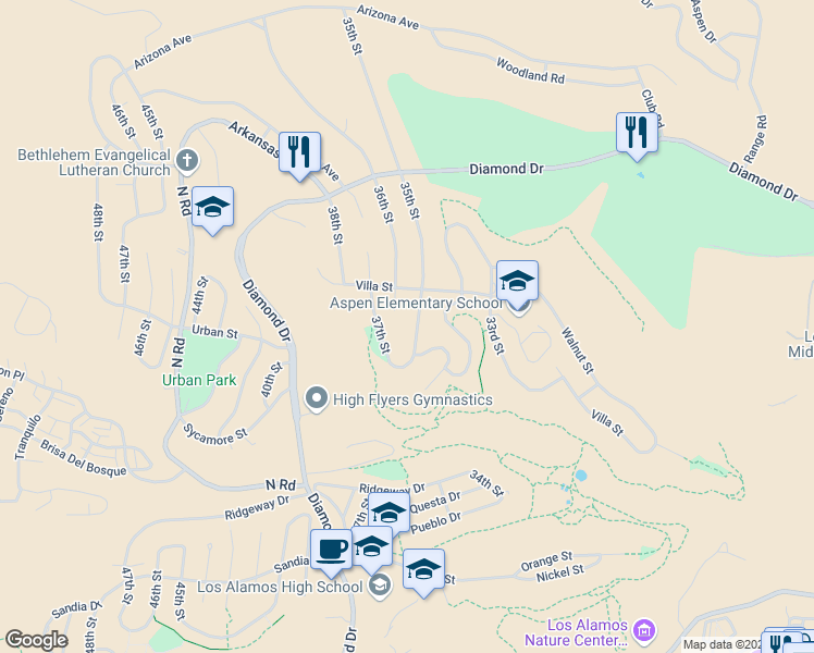 map of restaurants, bars, coffee shops, grocery stores, and more near 2157 35th Street in Los Alamos